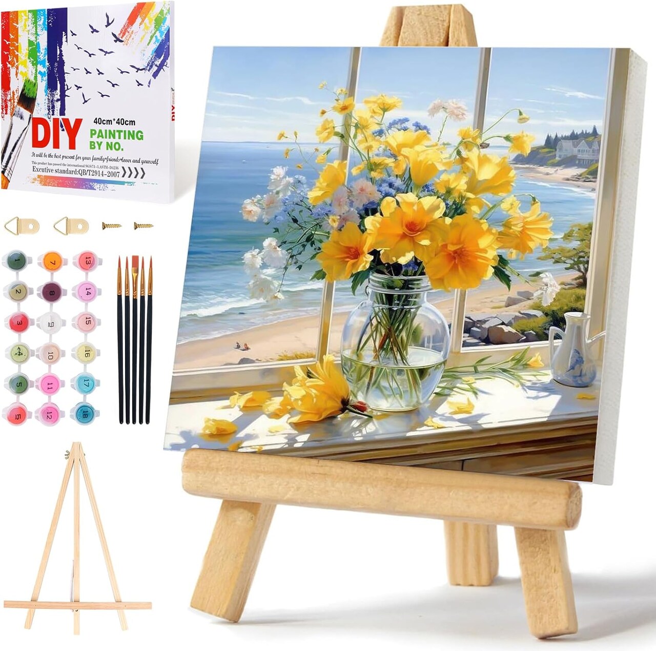 Framed Paint by Numbers Kit for Adults Beginner with Easel, Flowers Adult Paint by Number Kits on Canvas Framed, DIY Acrylic Watercolor Oil Paint by Number with Frame for Home Decor 16x16 Inch